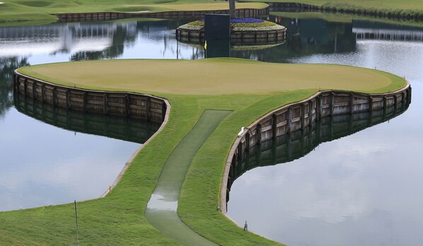 Um campo de golfe com lagoa e ponte.