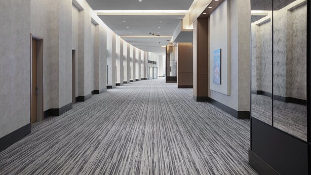 A long, narrow hallway with a patterned carpet, recessed lighting, and doors on one side.