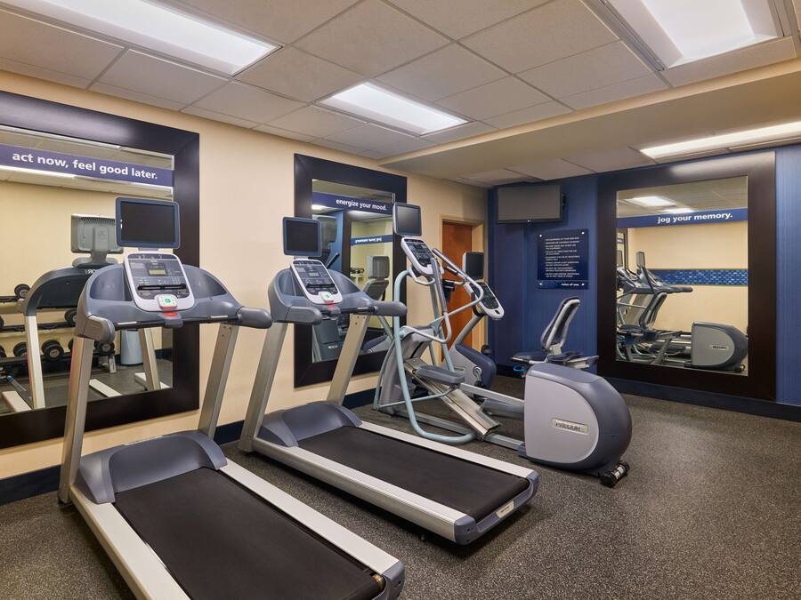 A gym with treadmills, elliptical machines, and a mirror reflecting the equipment.