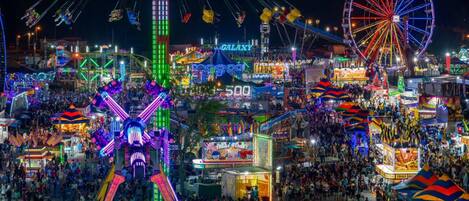A brightly lit amusement park at night with various rides and attractions.
