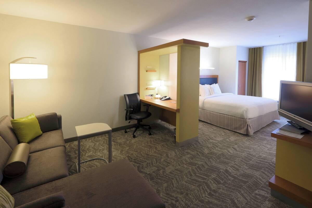 Una habitación de hotel con cama, escritorio con silla, televisor y sofá.
