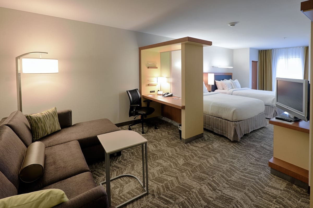 premium bedding, desk, laptop workspace, blackout curtains