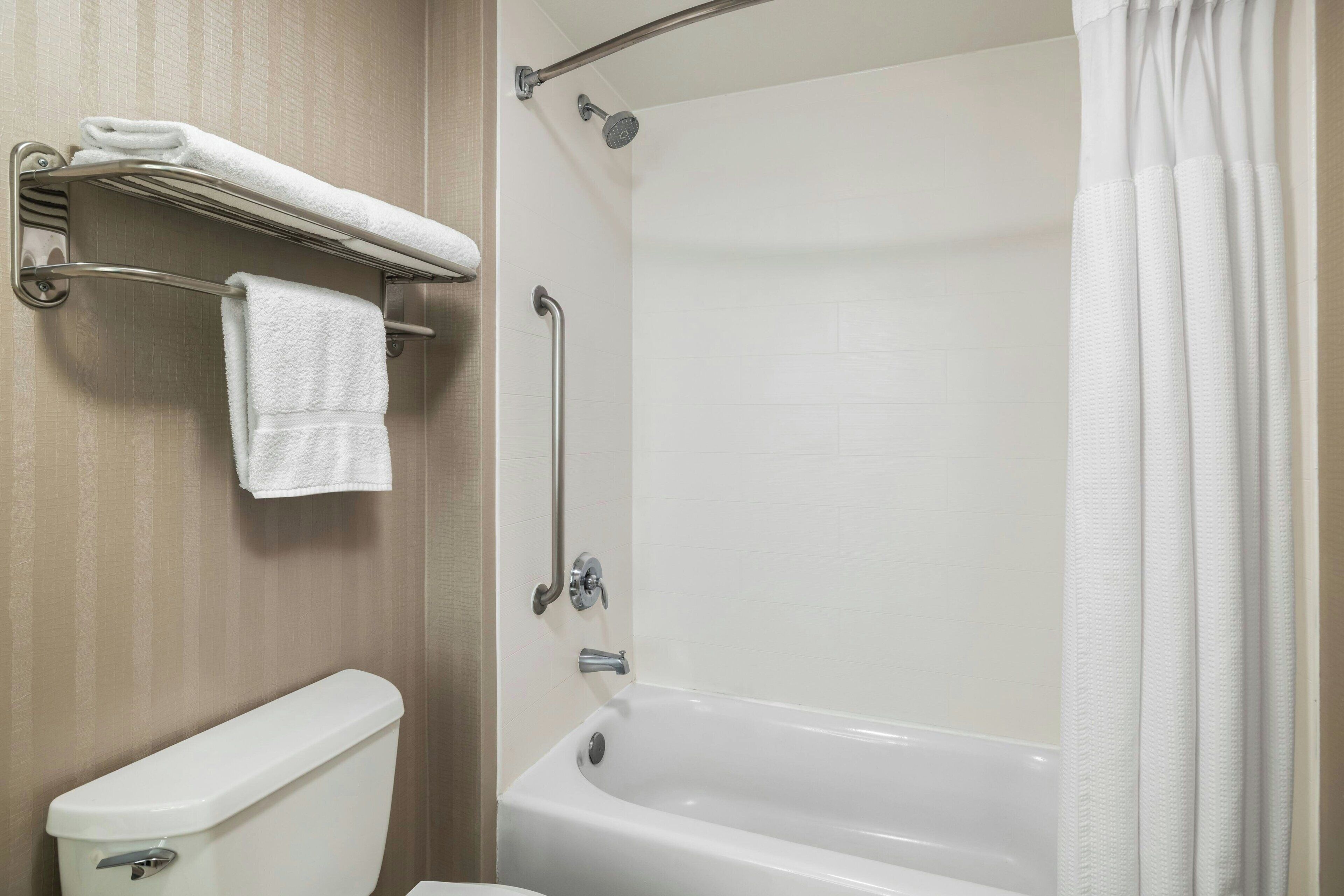 A bathroom with a toilet, a bathtub, and a shower.