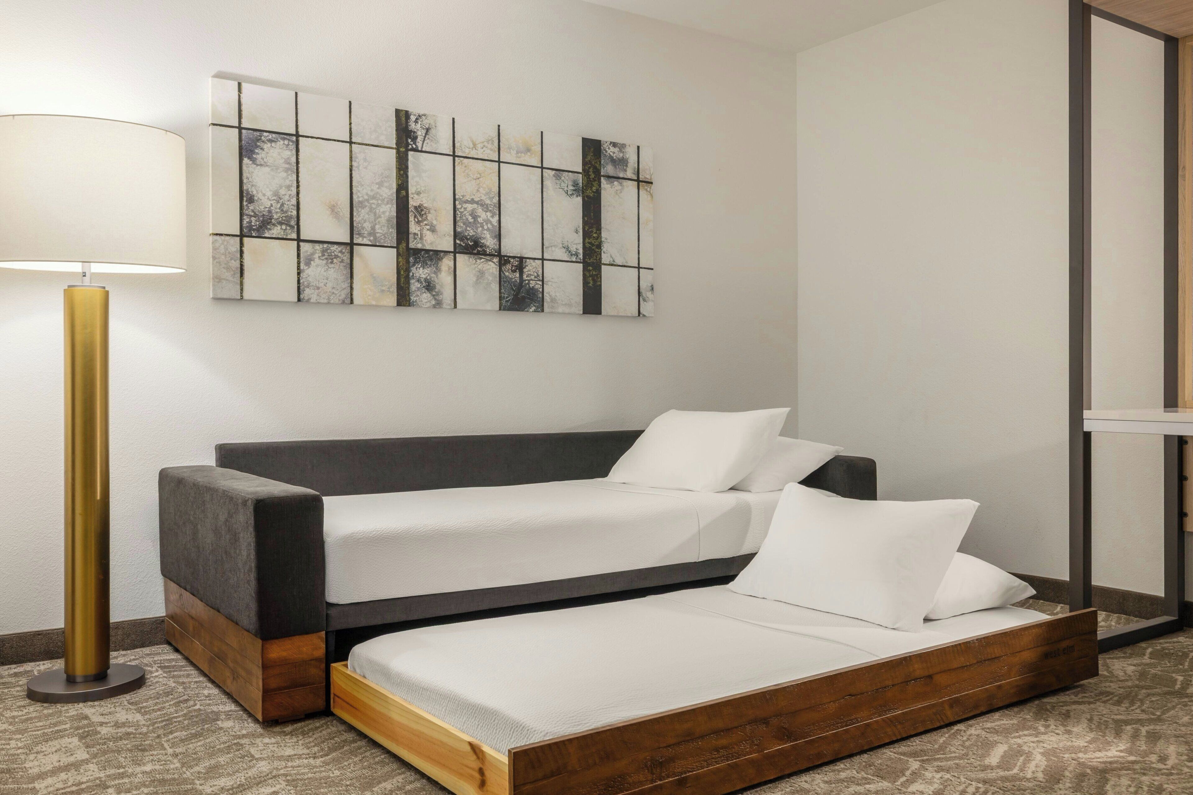A modern room with a sofa bed, a standing lamp, and a wall art piece.