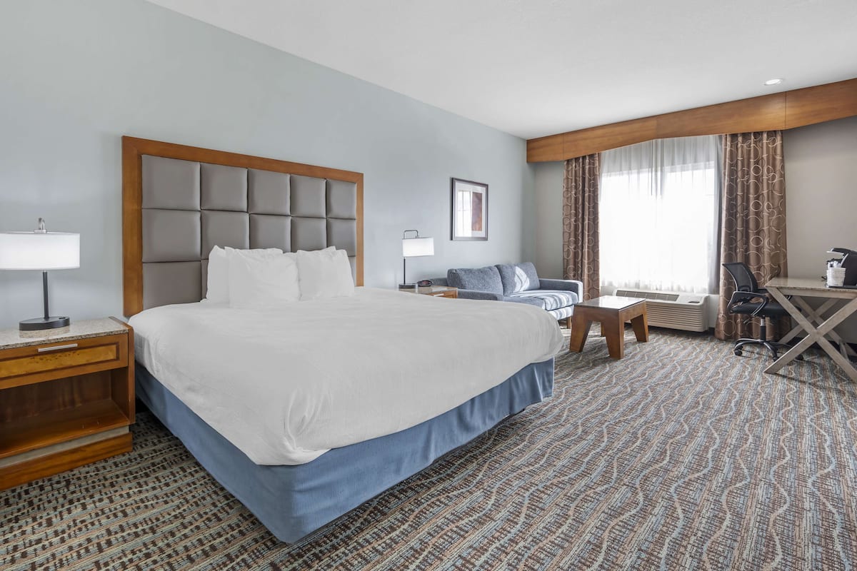 A hotel room with a large bed, a desk, a chair, a sofa, and a window with curtains.