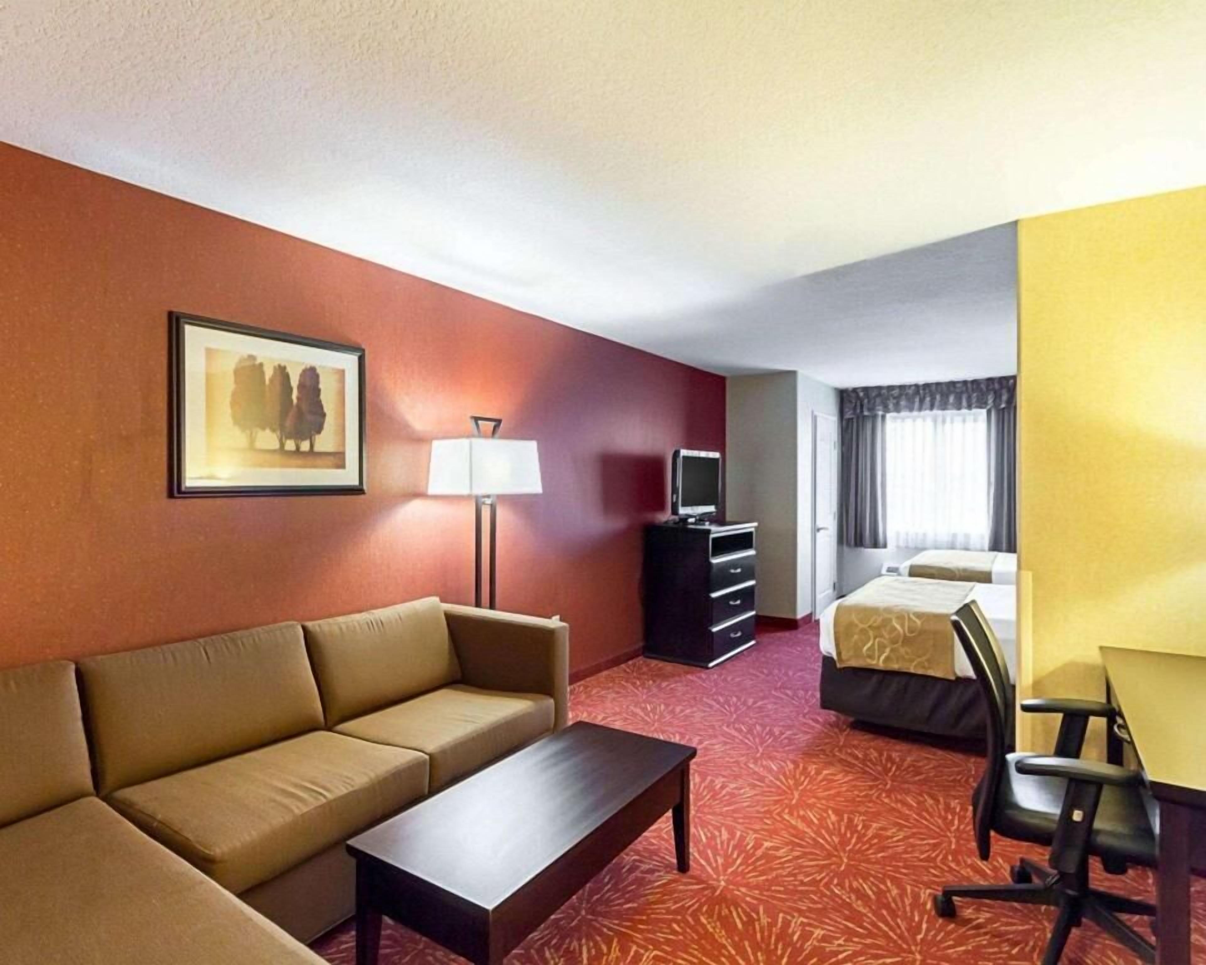 Desk, blackout curtains, iron/ironing board, bed sheets