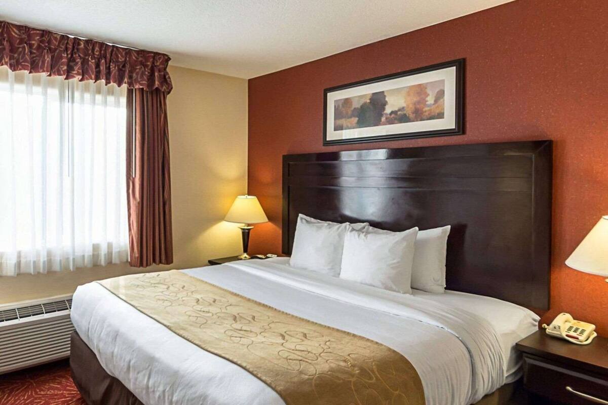 Desk, blackout curtains, iron/ironing board, bed sheets
