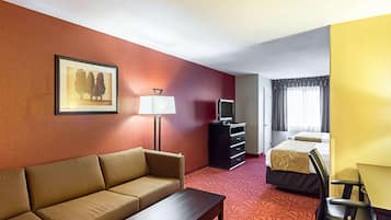Desk, blackout curtains, iron/ironing board, bed sheets