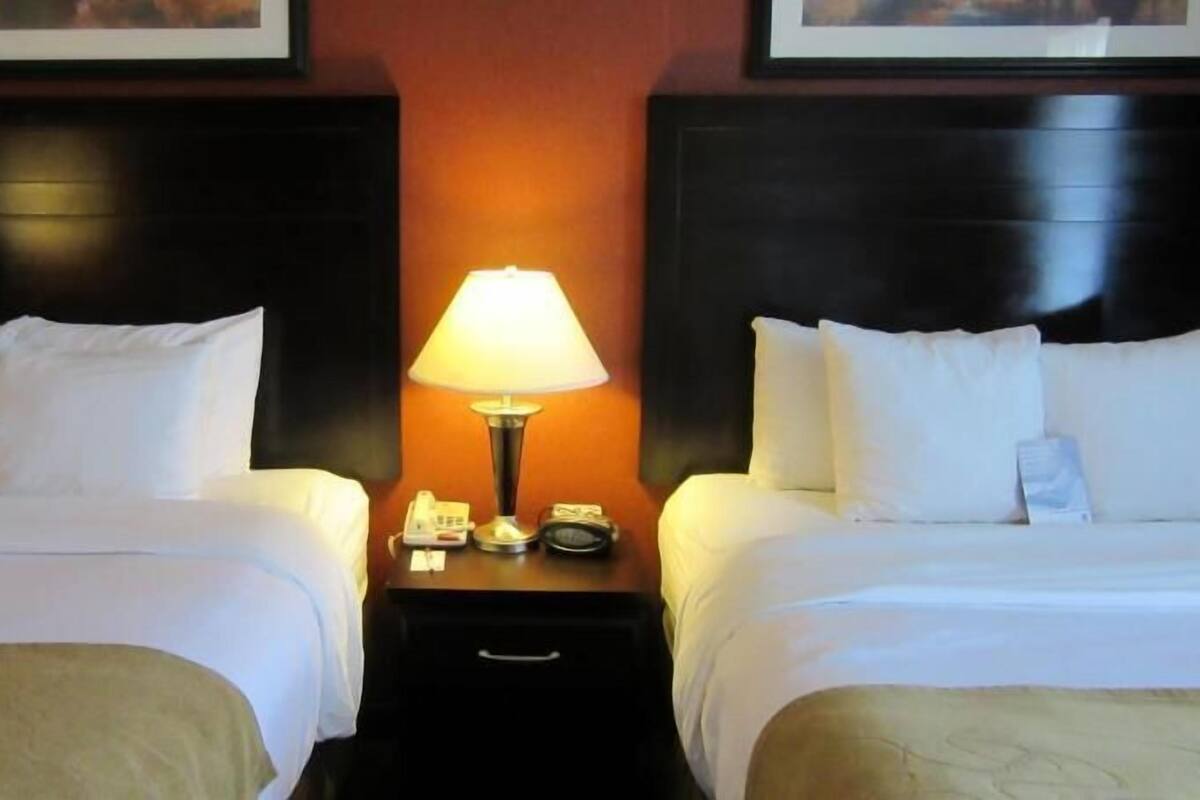 A hotel room with two beds, a nightstand with a lamp, and a framed picture on the wall.