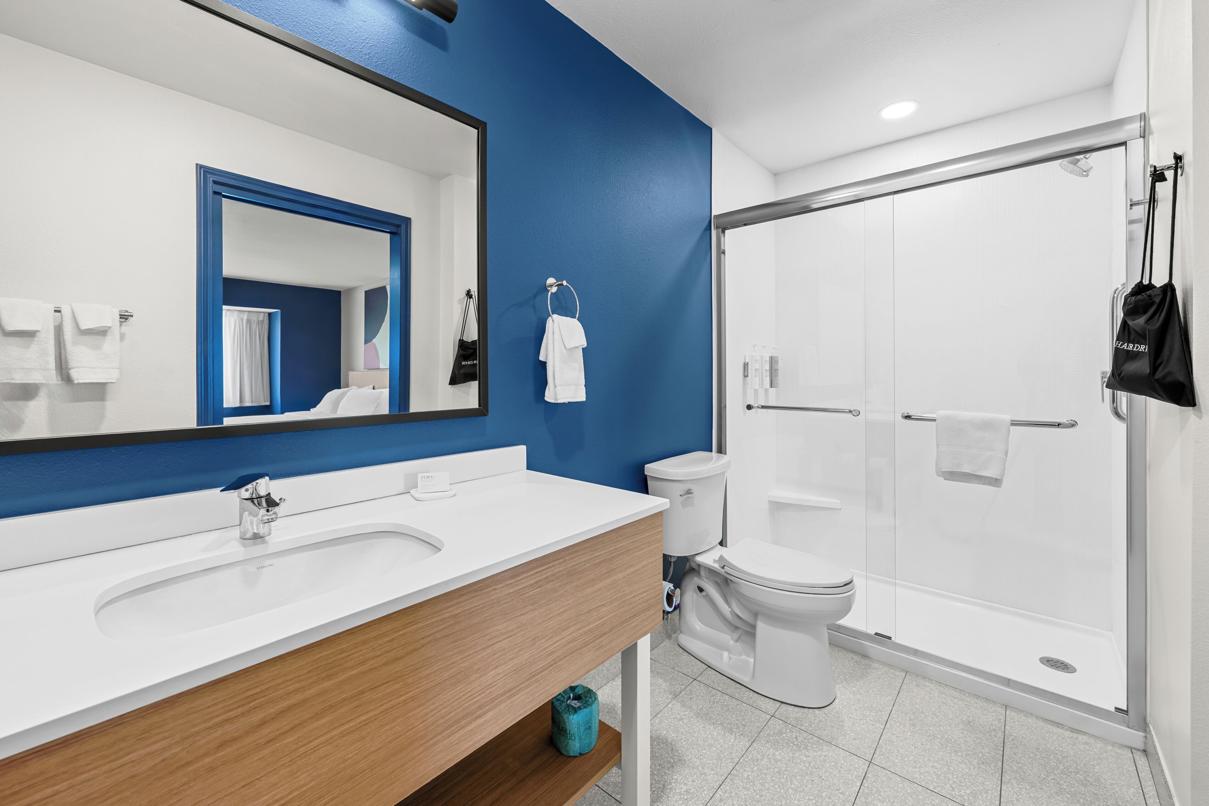 A modern bathroom with a white sink, a mirror, a blue accent wall, a toilet, and a glass-enclosed shower.