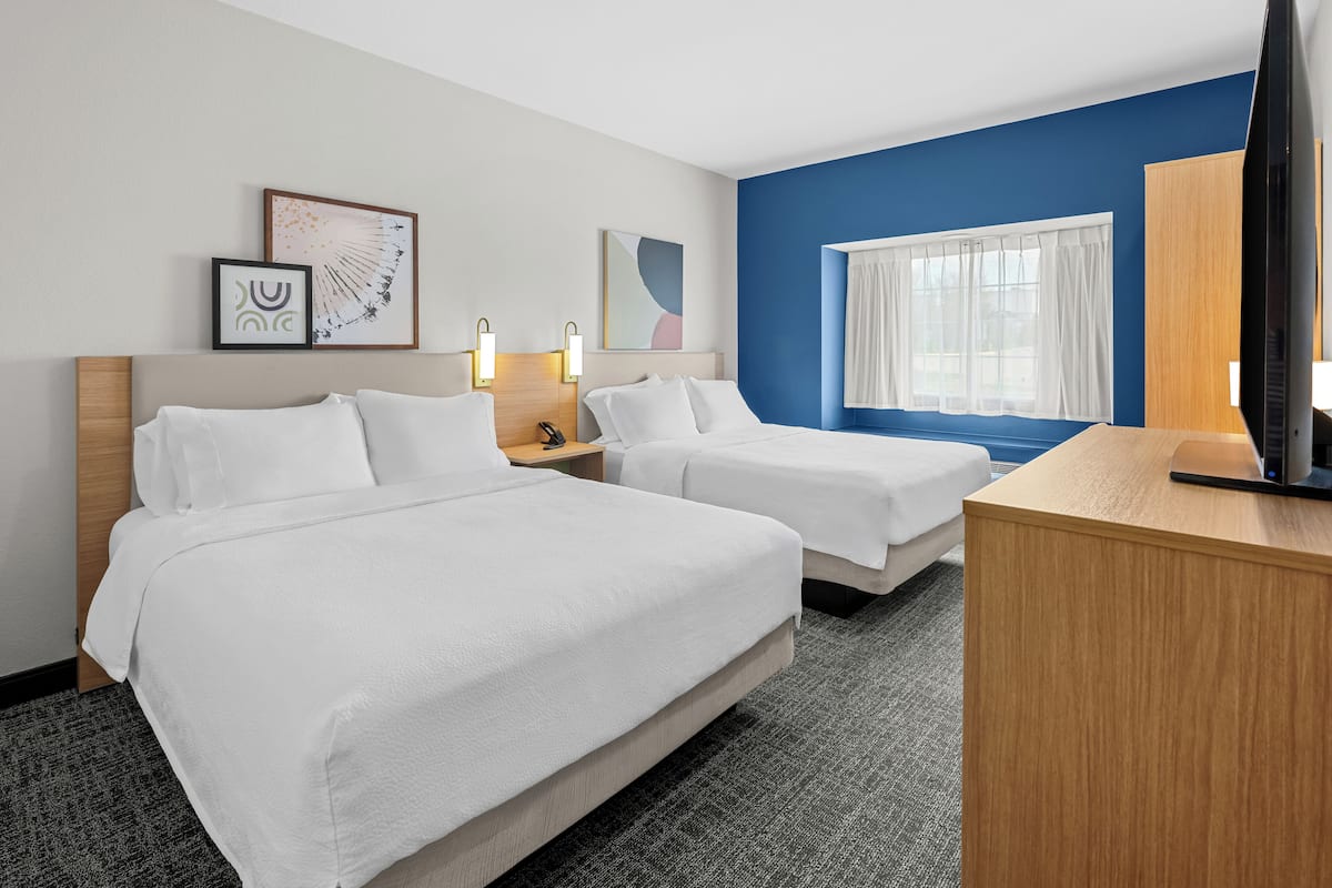 Desk, laptop workspace, blackout curtains, iron/ironing board