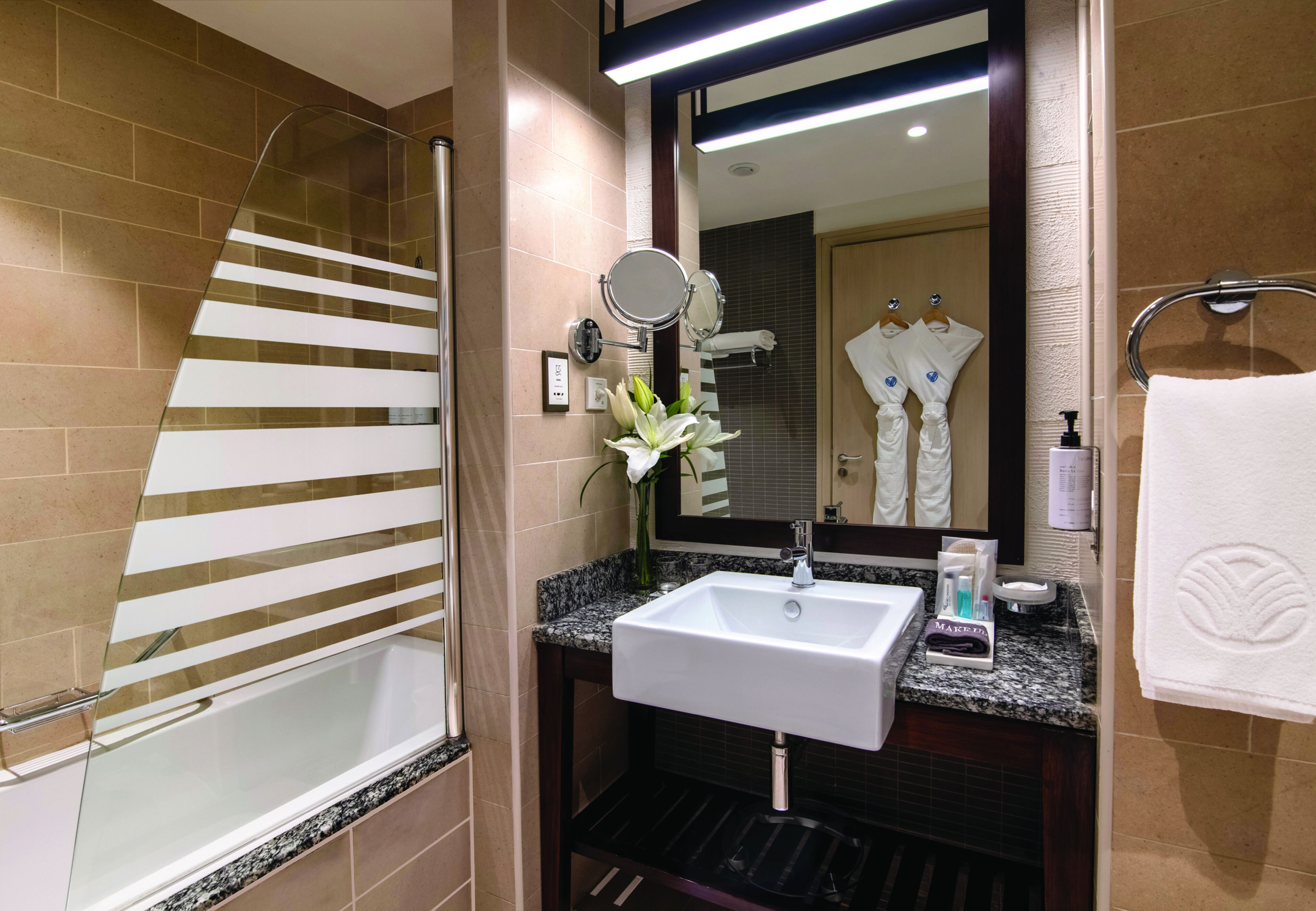 A modern bathroom with a glass shower enclosure, a white sink, and a large mirror.