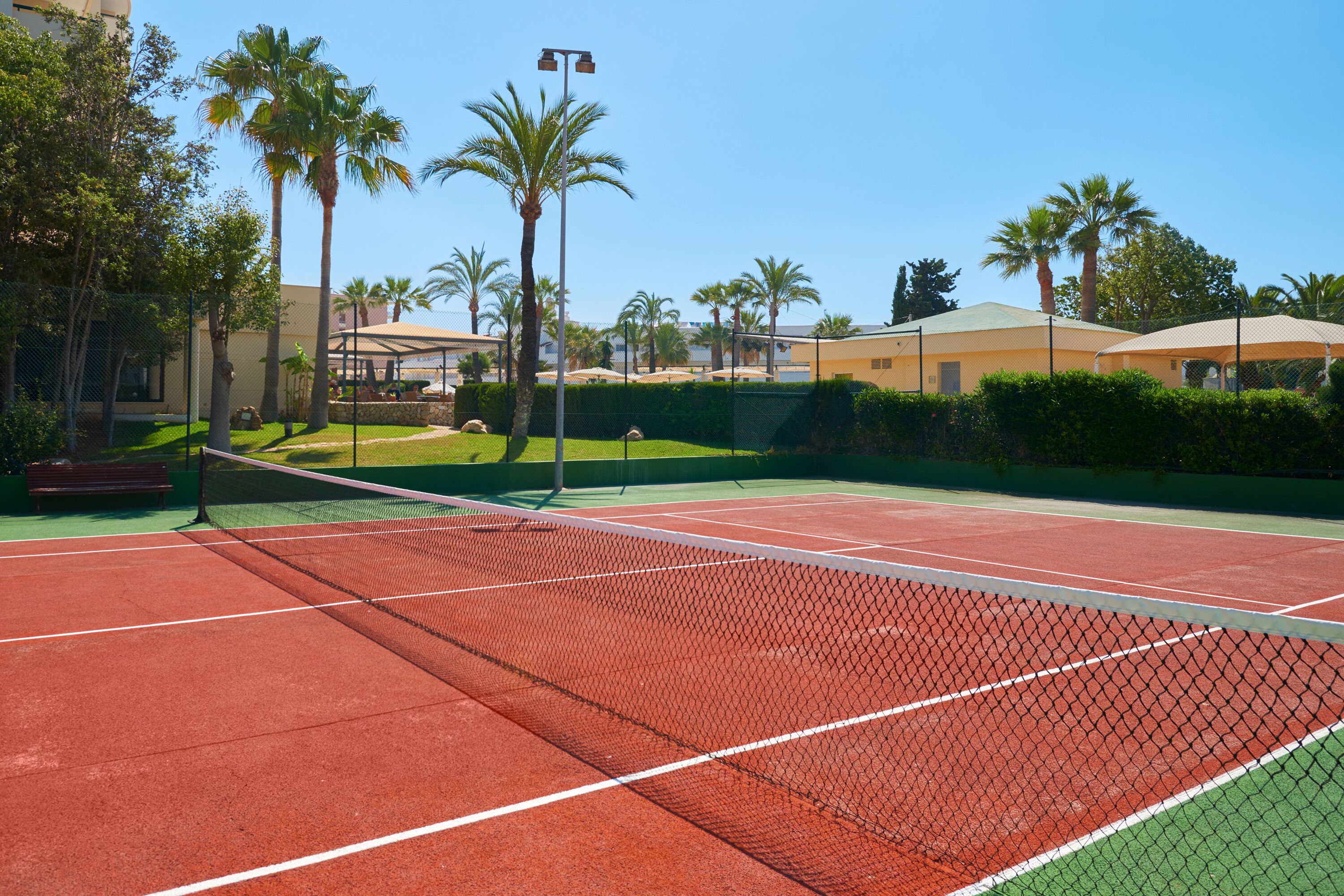 Cancha de tennis amb una xarxa, rodejada de palmeres i un edifici al fons.