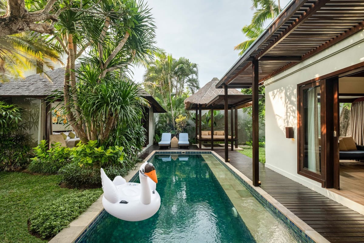 A swimming pool with a swan float, surrounded by lush greenery and modern architecture.