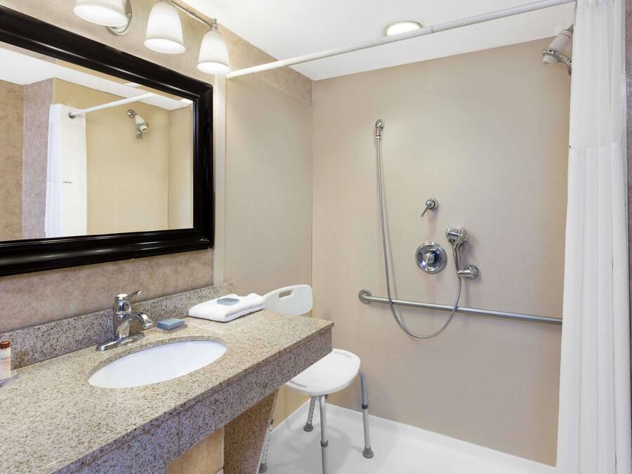 A bathroom with a granite countertop sink, a mirror, a handheld showerhead, and a grab bar.