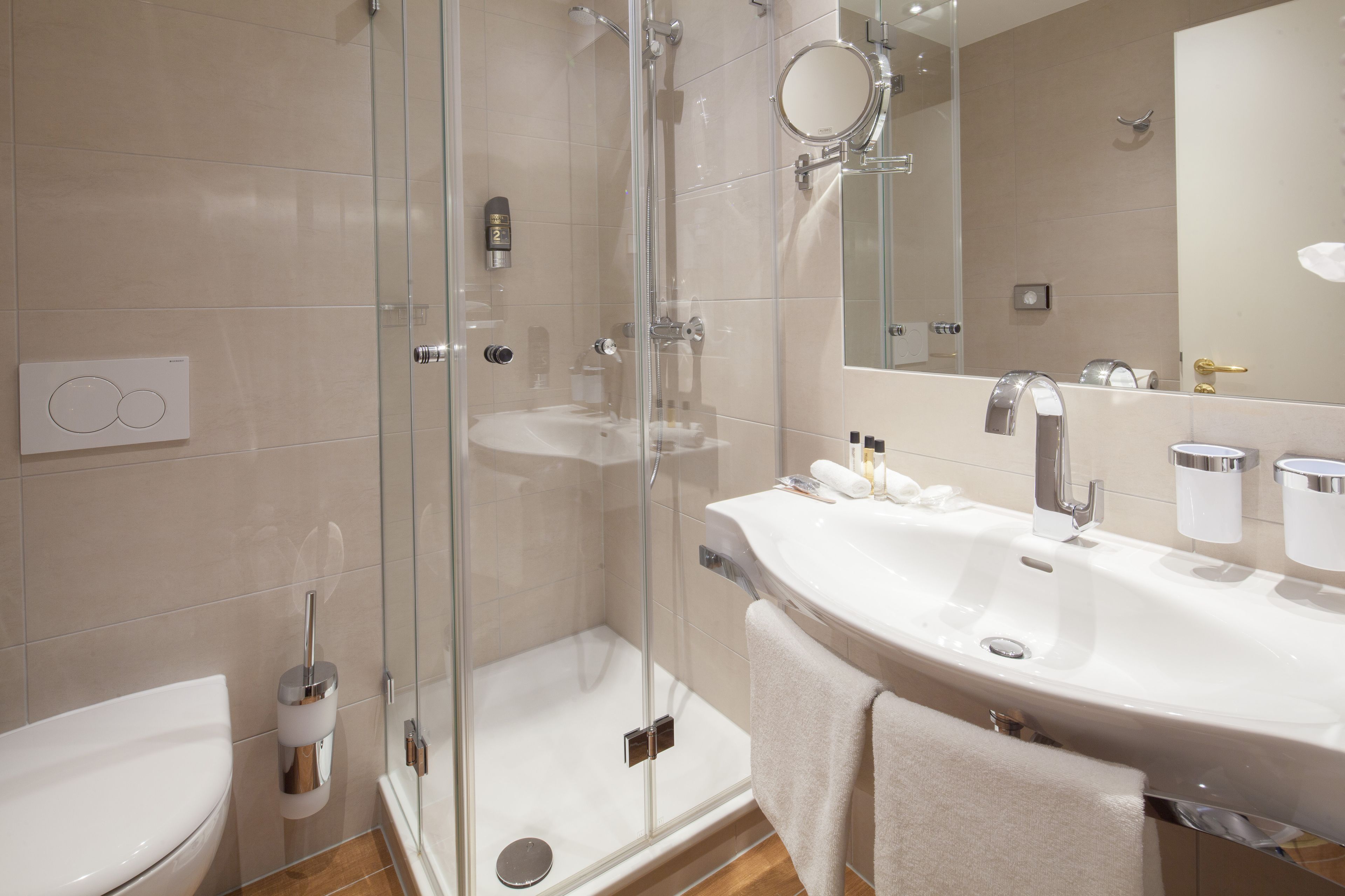 hair dryer, towels, soap, shampoo