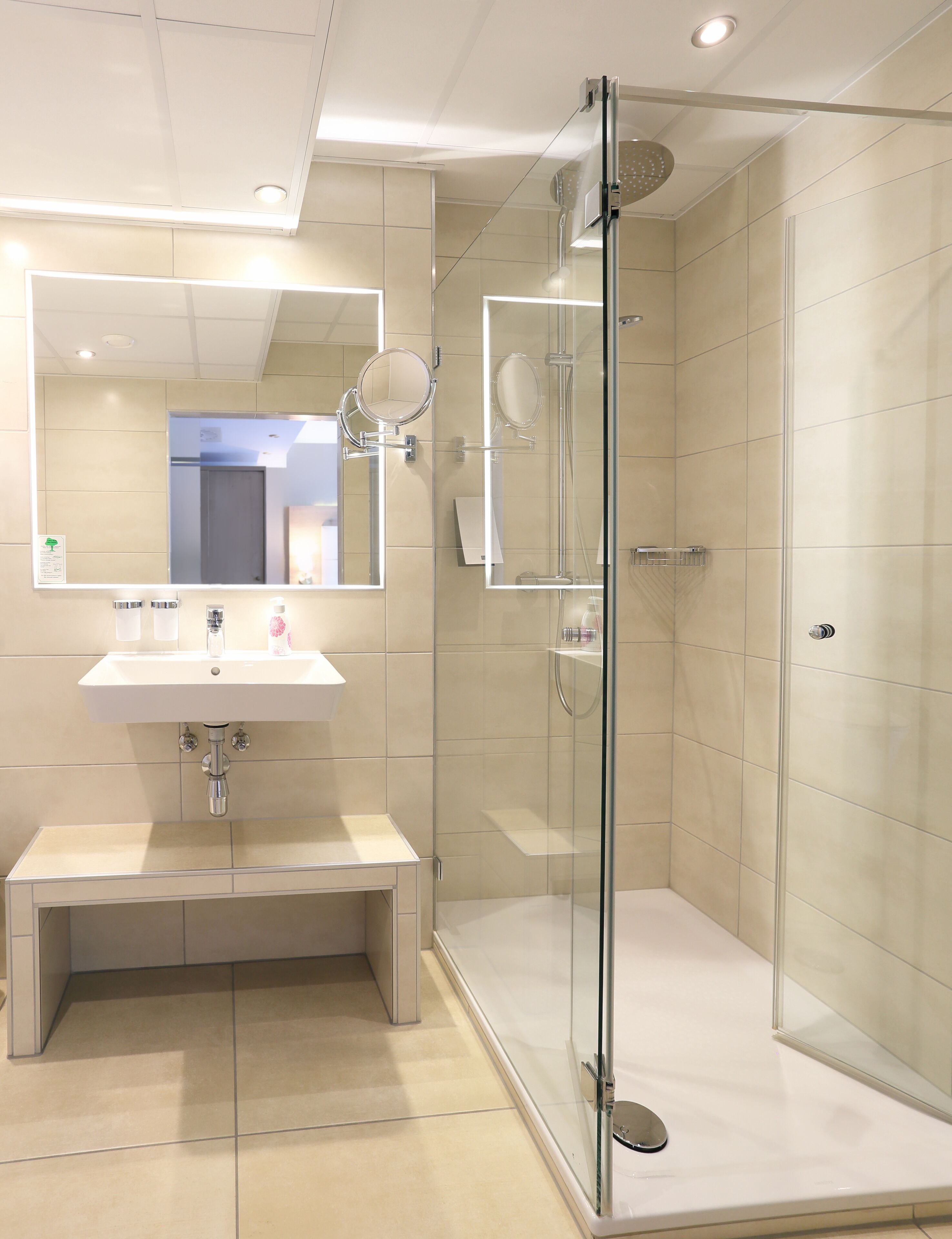A modern bathroom with a glass-enclosed shower, a vanity with a mirror, and a sink.