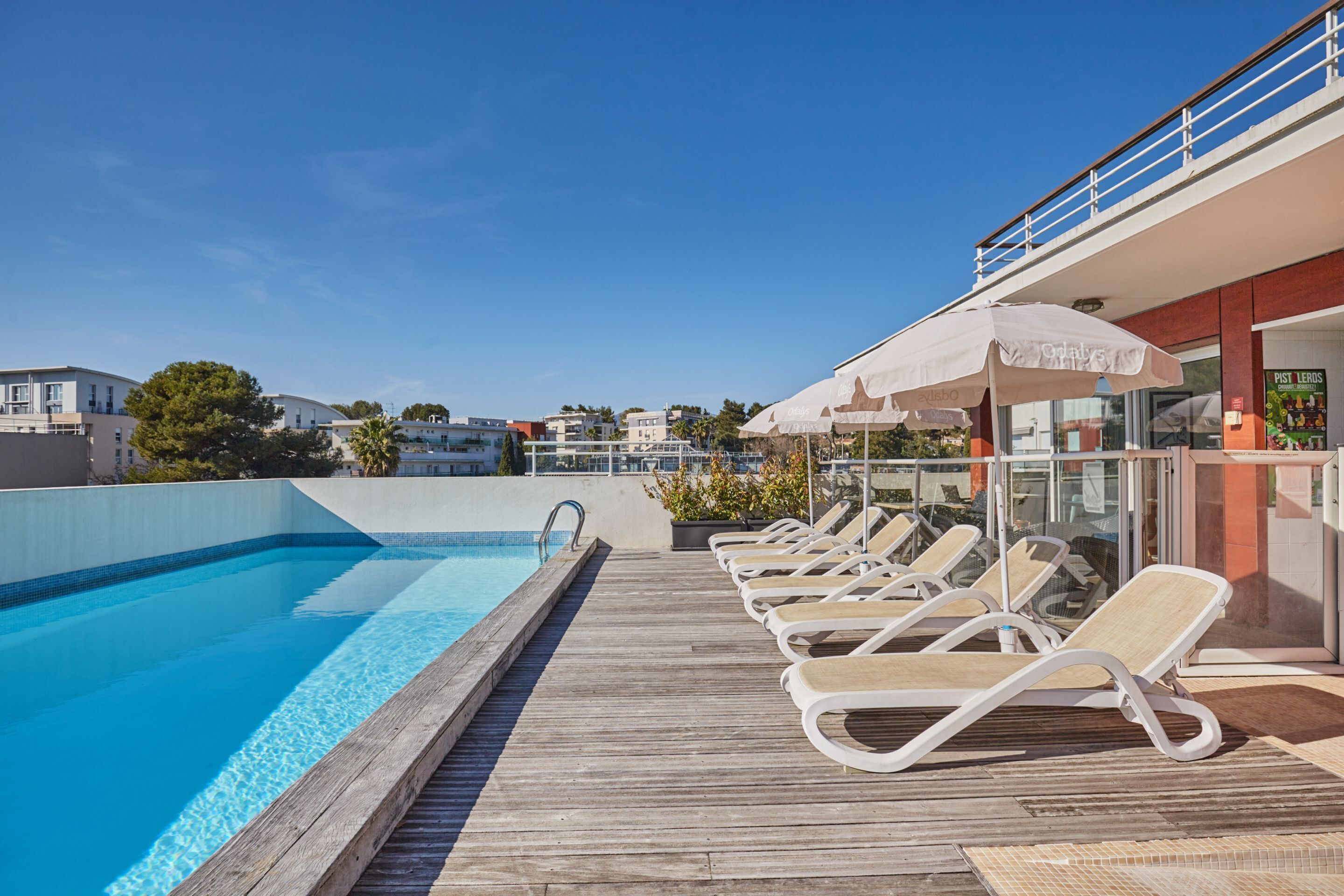 Seasonal outdoor pool, sun loungers