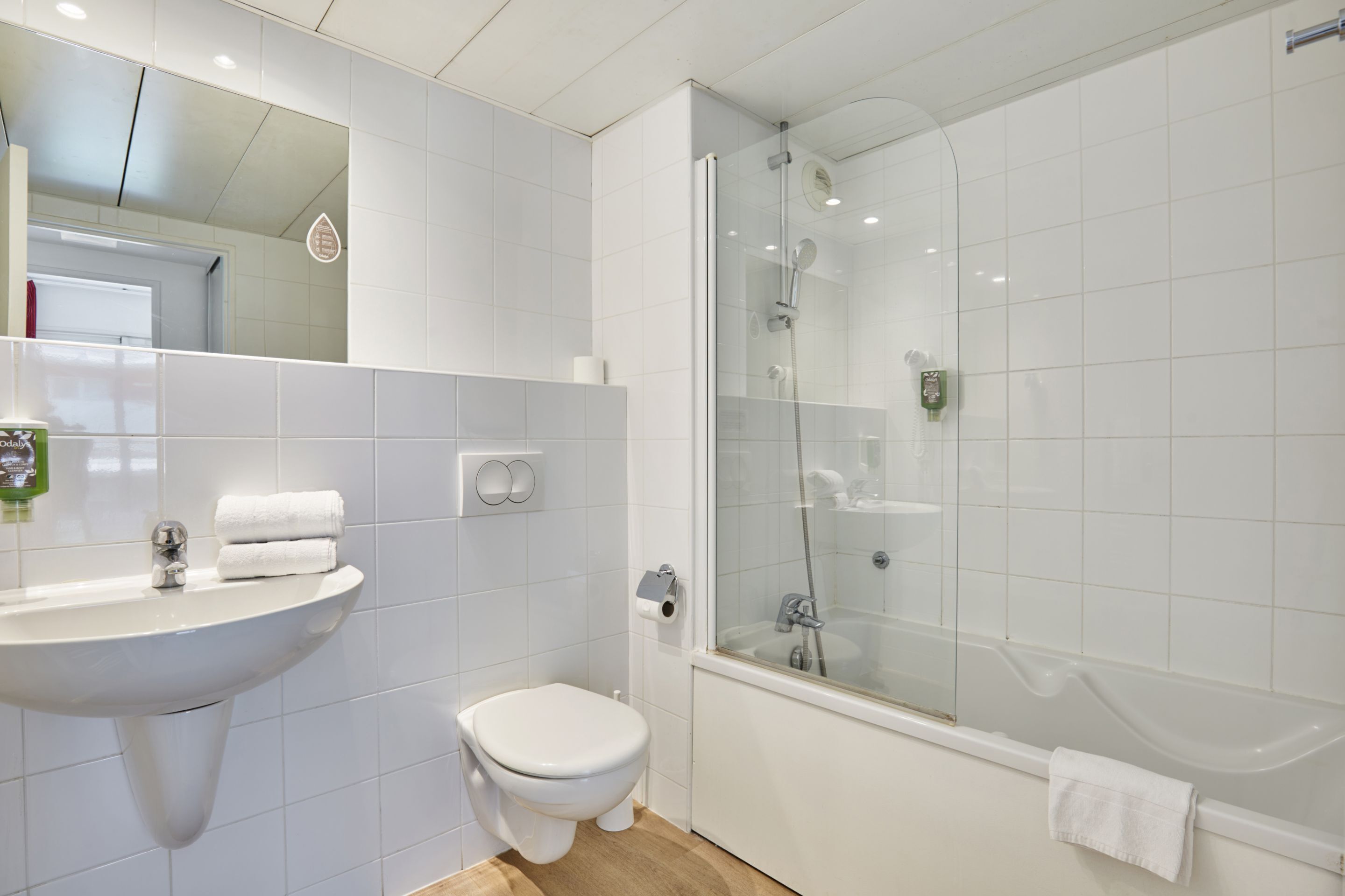 Une salle de bain équipée d’un lavabo, de toilettes et d’une douche à parois de verre.