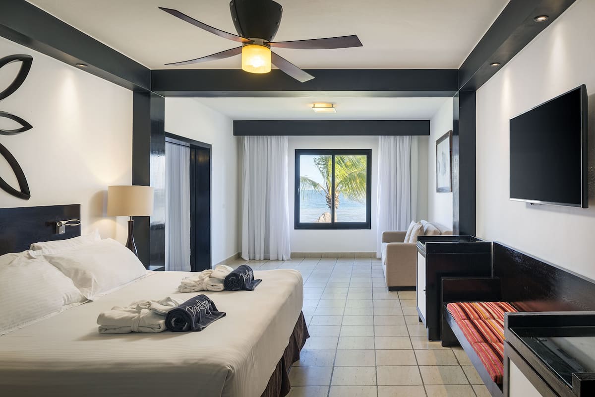 Une chambre d’hôtel équipée d’un lit, d’un bureau, d’une chaise, d’une télévision et d’une fenêtre donnant sur des palmiers.