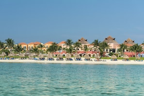 A beachfront hotel with thatched-roof buildings, palm trees, and a row of beachside chairs.