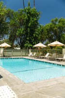 Una piscina al aire libre, sillones reclinables de piscina