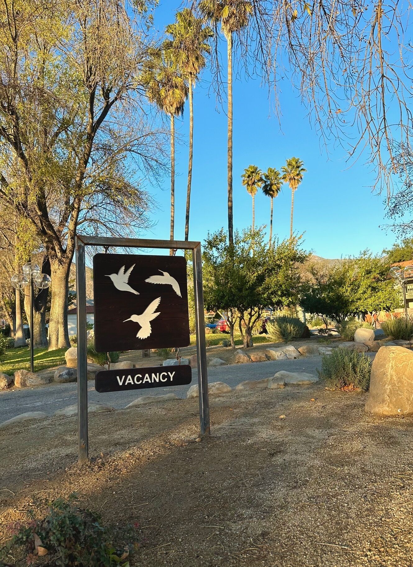 A sign indicating a vacancy in a park with trees and a clear sky.