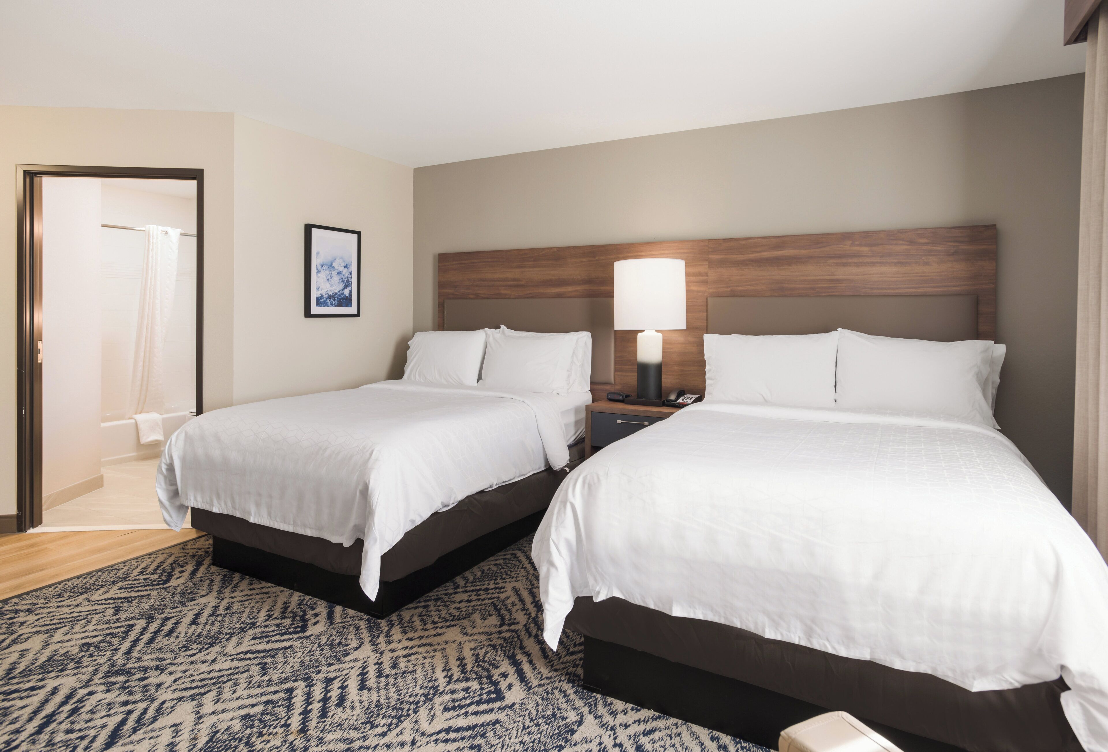 A hotel room with two beds, a wooden headboard, a bedside table with a lamp, and a framed picture on the wall.