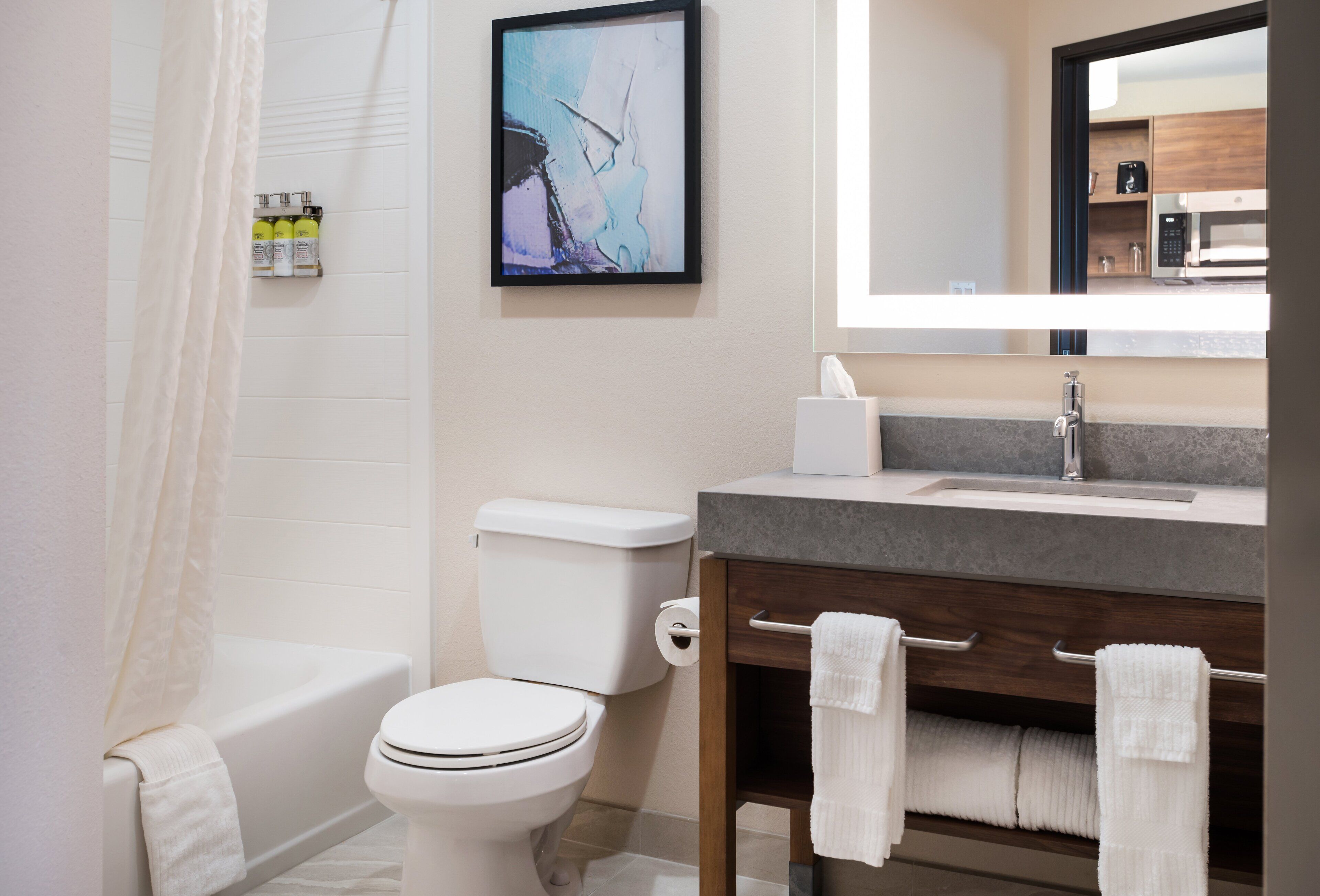 studio suite, 1 queen bed | bathroom | combined shower/bathtub, free toiletries, hair dryer, towels