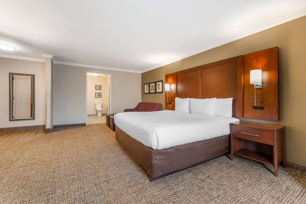 A hotel room with a large bed, a wooden headboard, a nightstand, and a wall-mounted lamp.