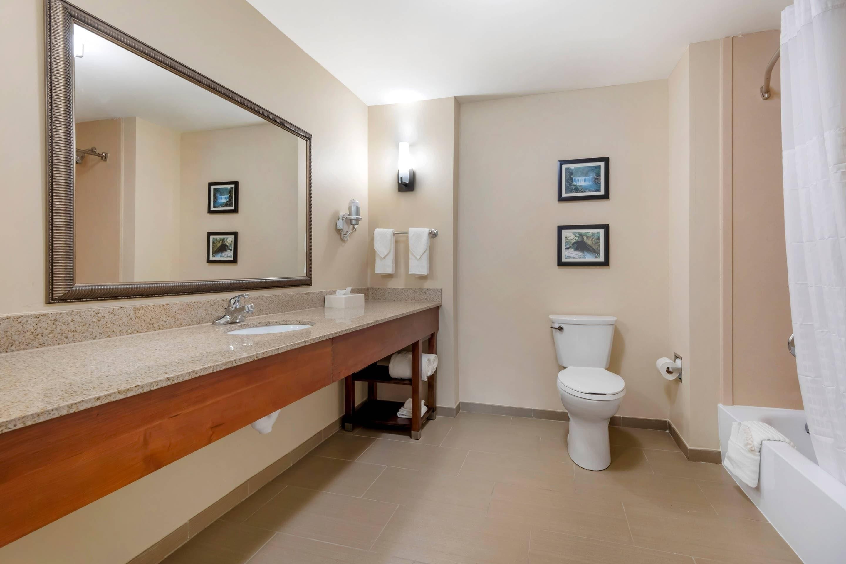 A bathroom with a wooden vanity, a large mirror, a toilet, and a bathtub.