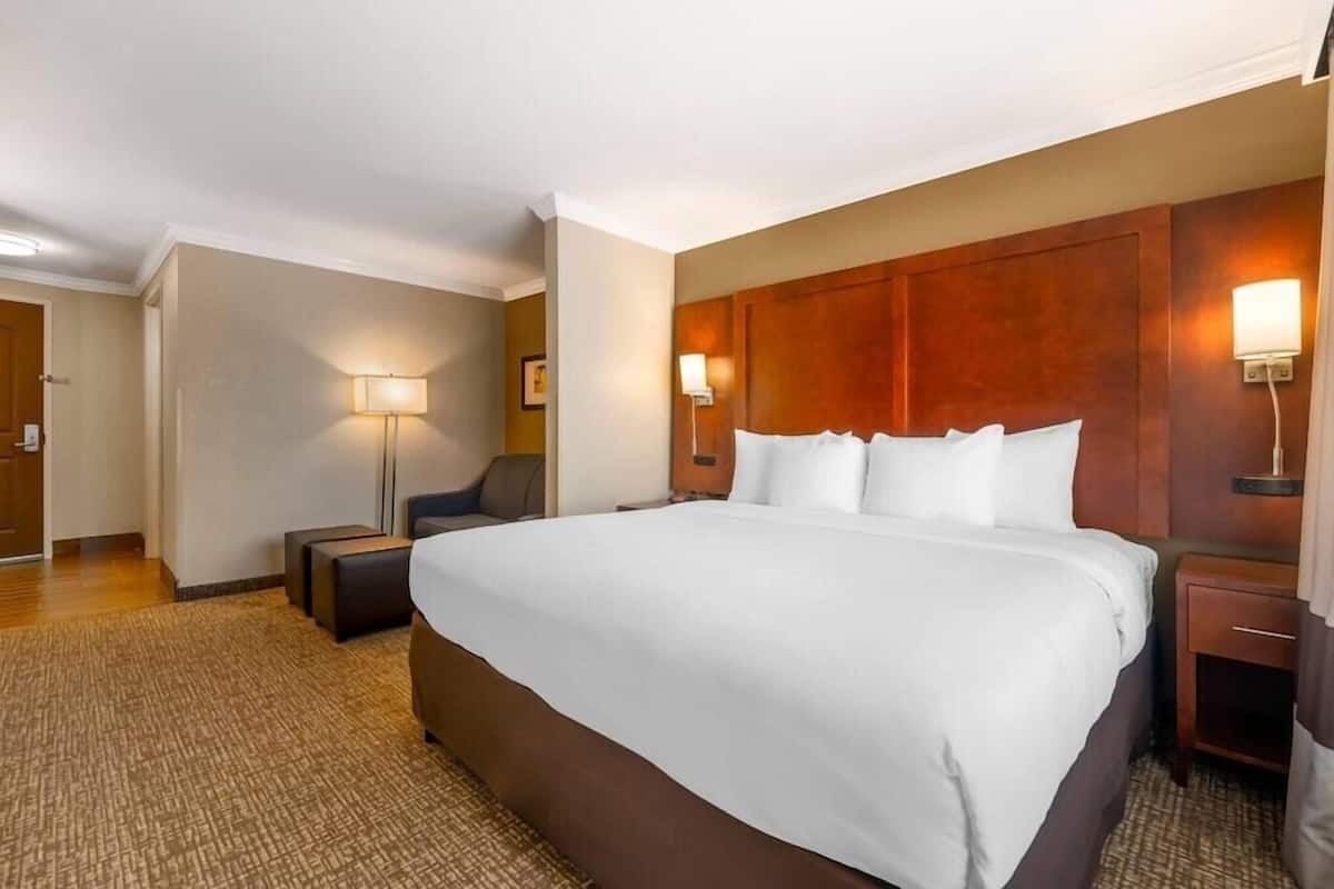 A hotel room with a large bed, two bedside tables, a nightstand, a lamp, and a chair.