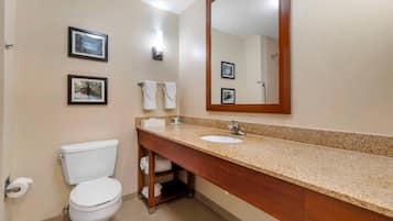 A bathroom with a toilet, sink, and mirror. There are framed pictures on the wall and a towel rack with towels.