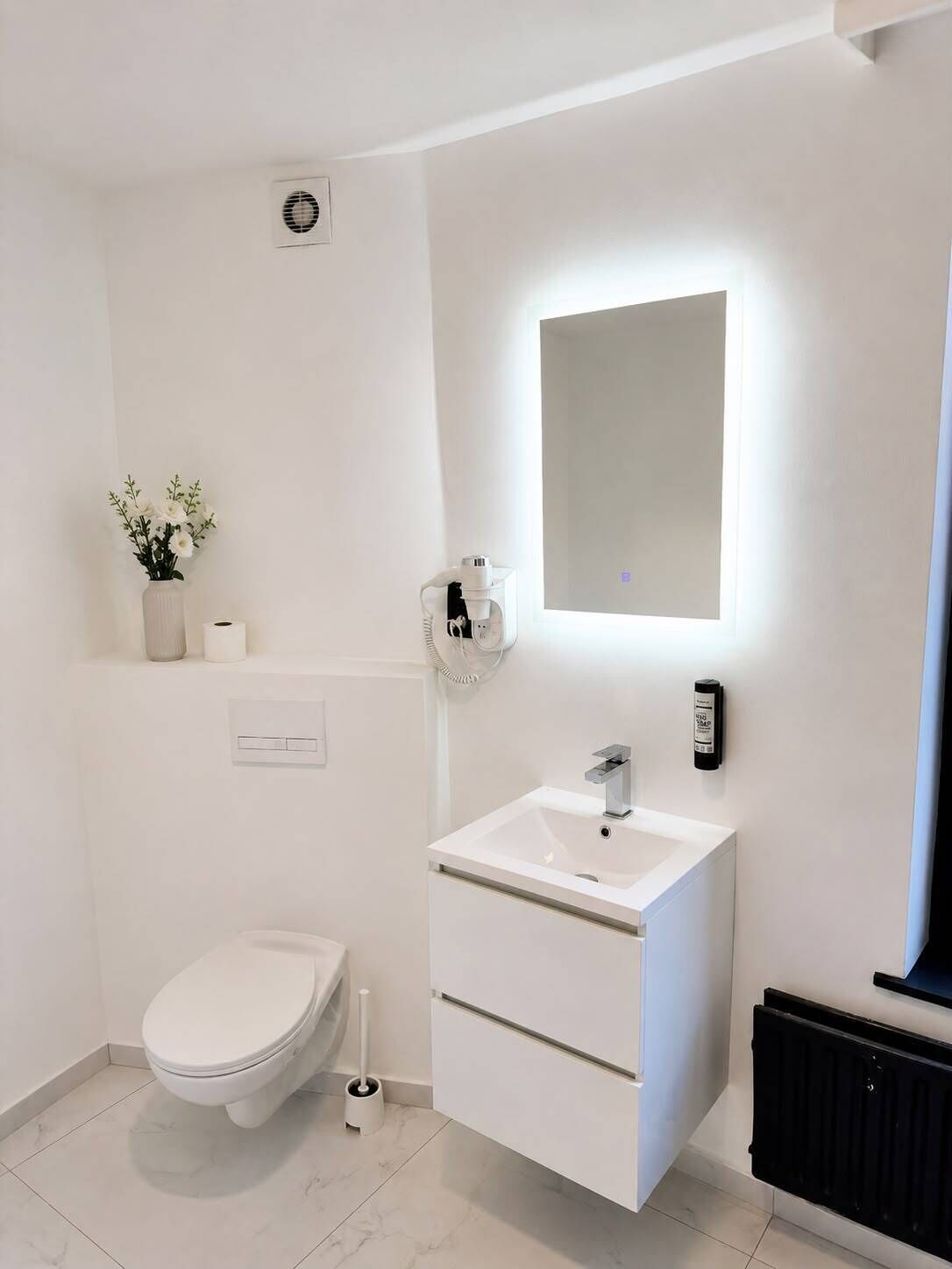 Shower, hair dryer, towels