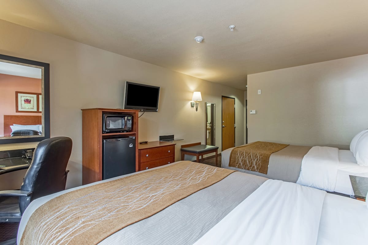 Une chambre d’hôtel avec deux lits, un bureau avec un ordinateur, une télévision et un miroir.