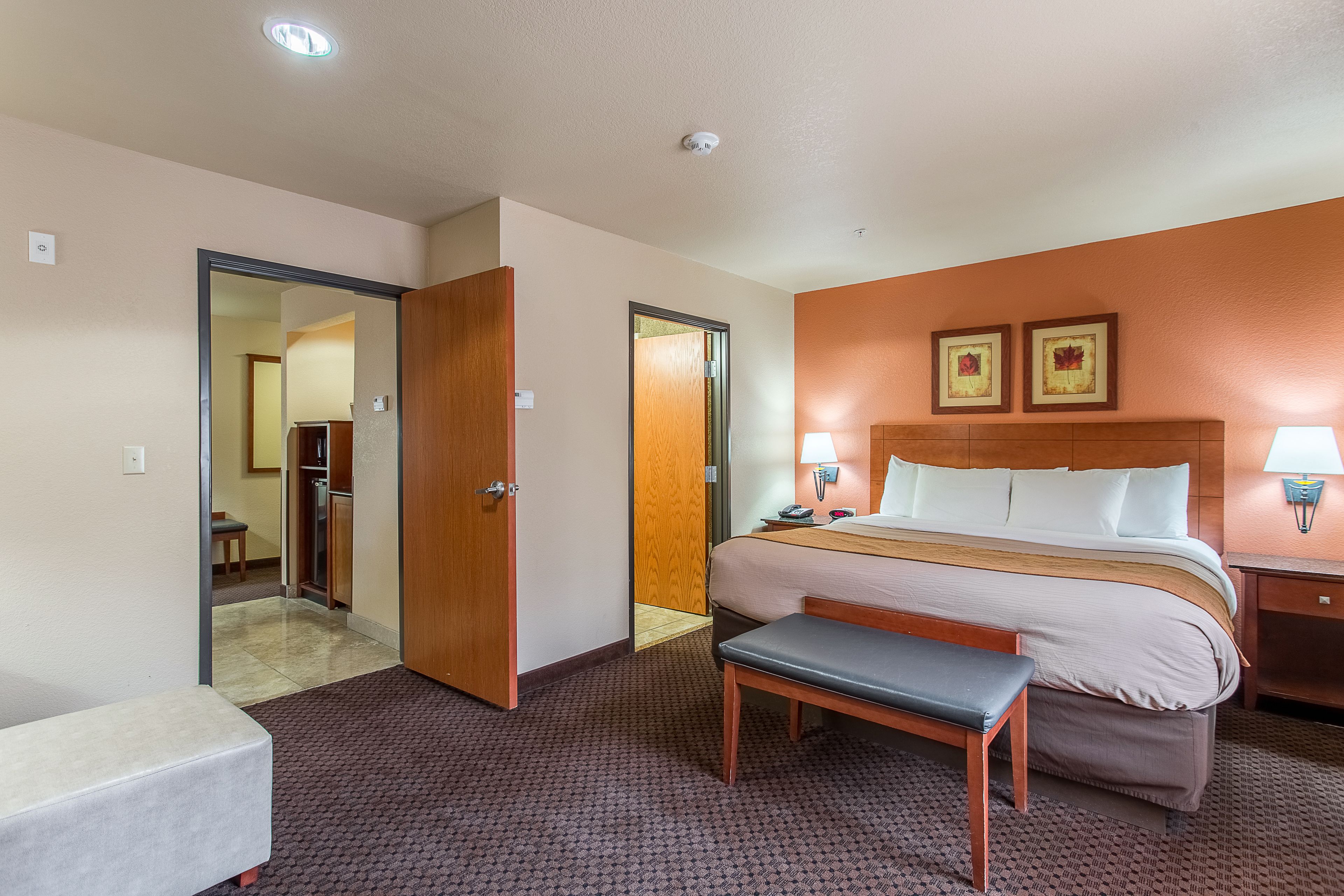 Premium bedding, pillow-top beds, desk, laptop workspace