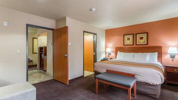 Premium bedding, pillow-top beds, desk, laptop workspace