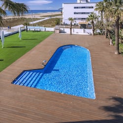 Outdoor pool, pool umbrellas, pool loungers