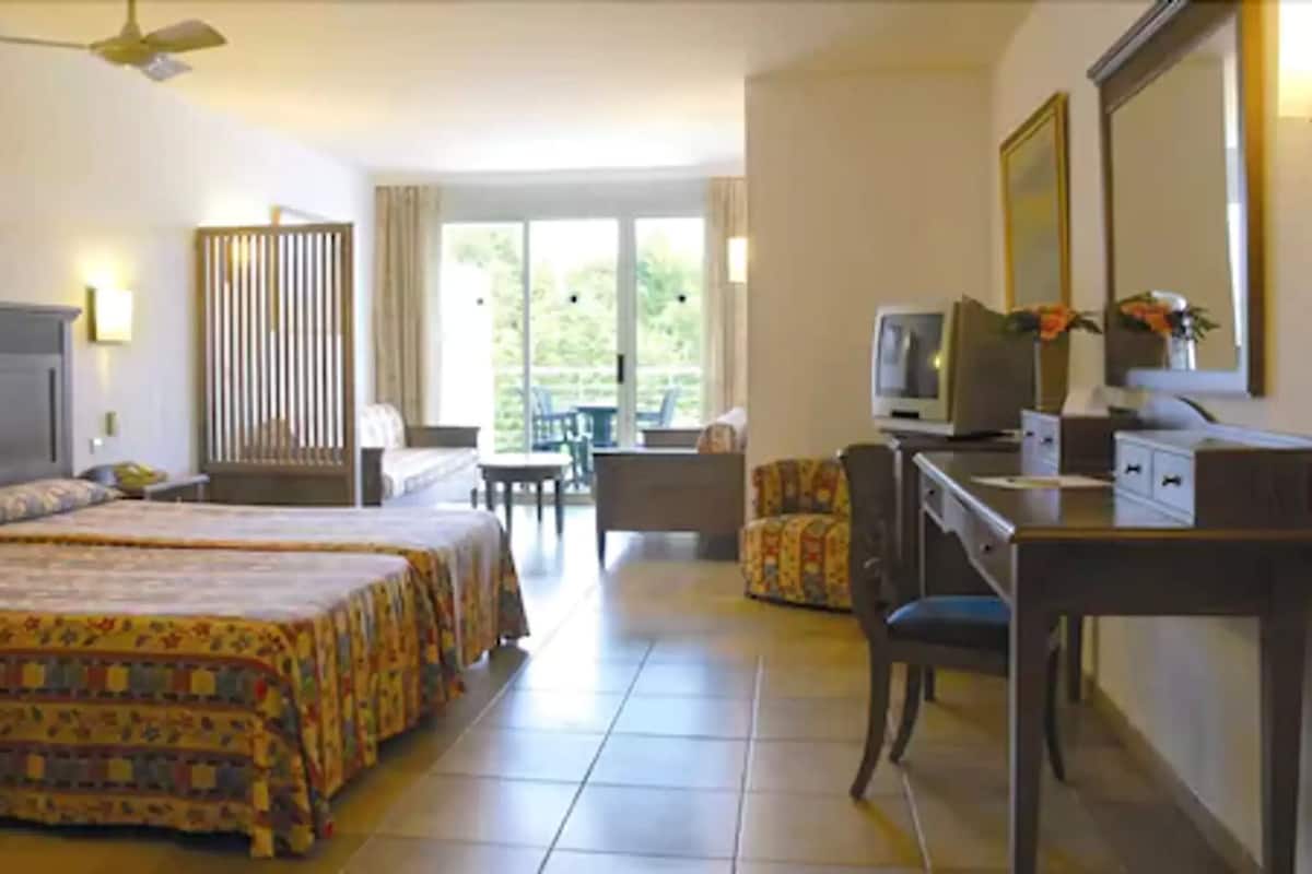 Una habitación de hotel con una cama, un escritorio, un televisor y una silla.