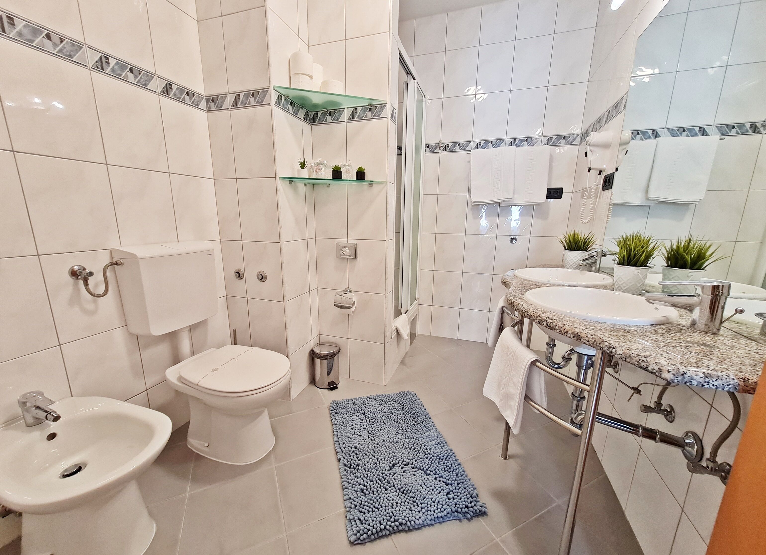 Un bagno moderno con toilette, bidet e lavabo. Sul mobile ci sono piante in vaso e uno spazio doccia con porta in vetro.