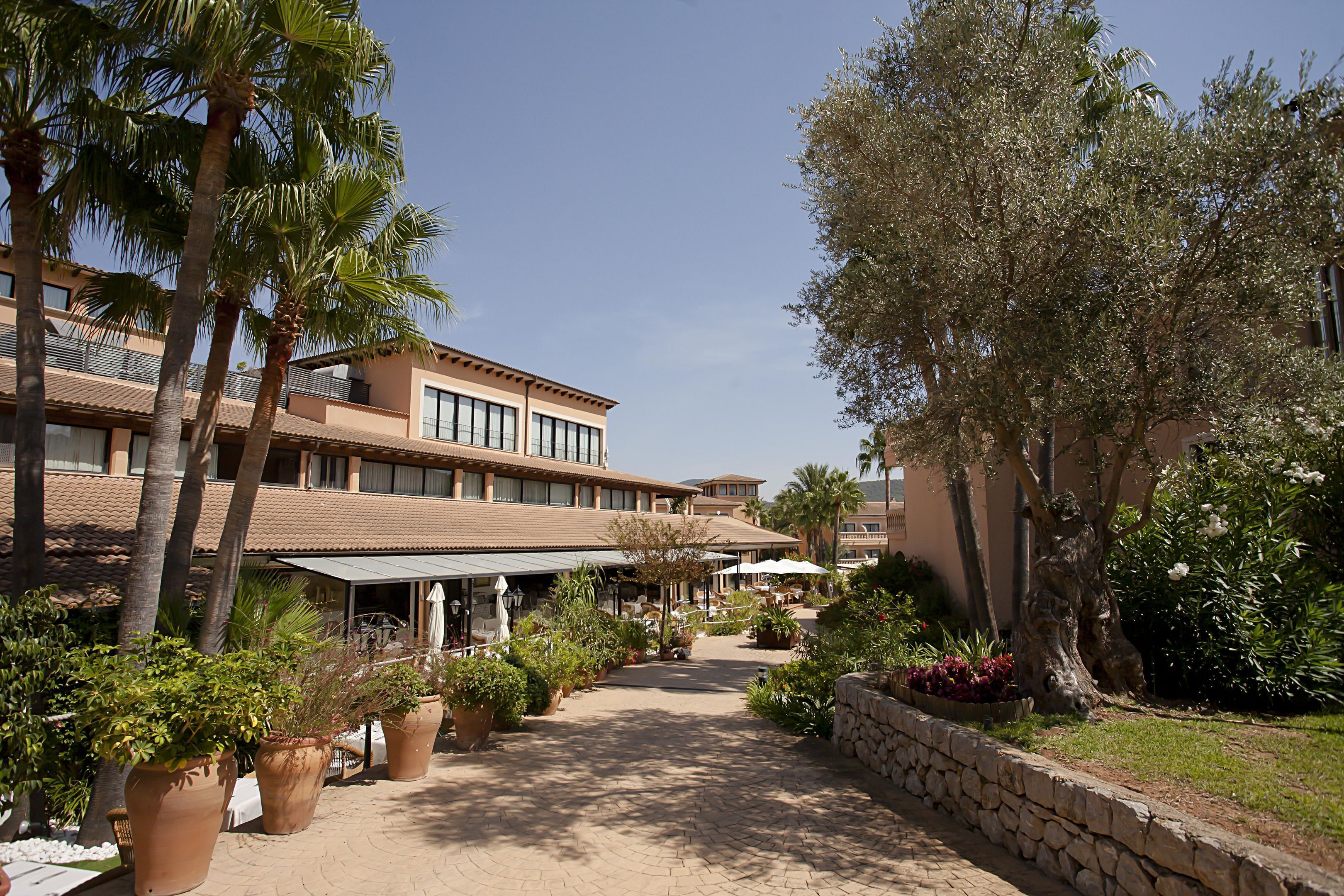 A hotel courtyard with potted plants, a stone wall, and a building with multiple balconies.