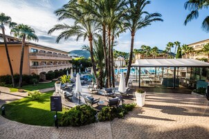 Un patio de hotel con palmeras, mobiliario exterior y una zona de piscina.