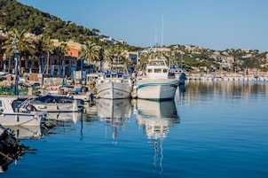 Una marina con barcos amarrados, una colina con edificios y palmeras.