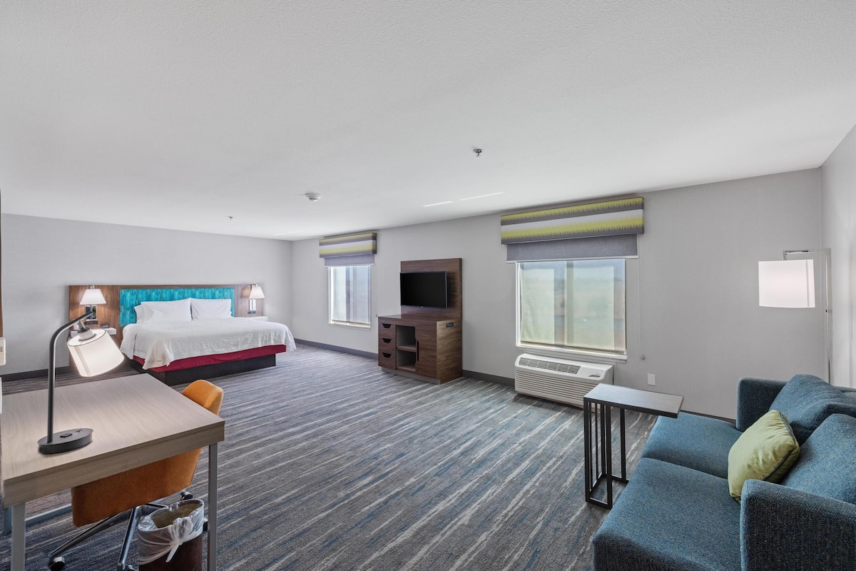 A hotel room with a bed, a desk, a chair, a TV, and a couch.