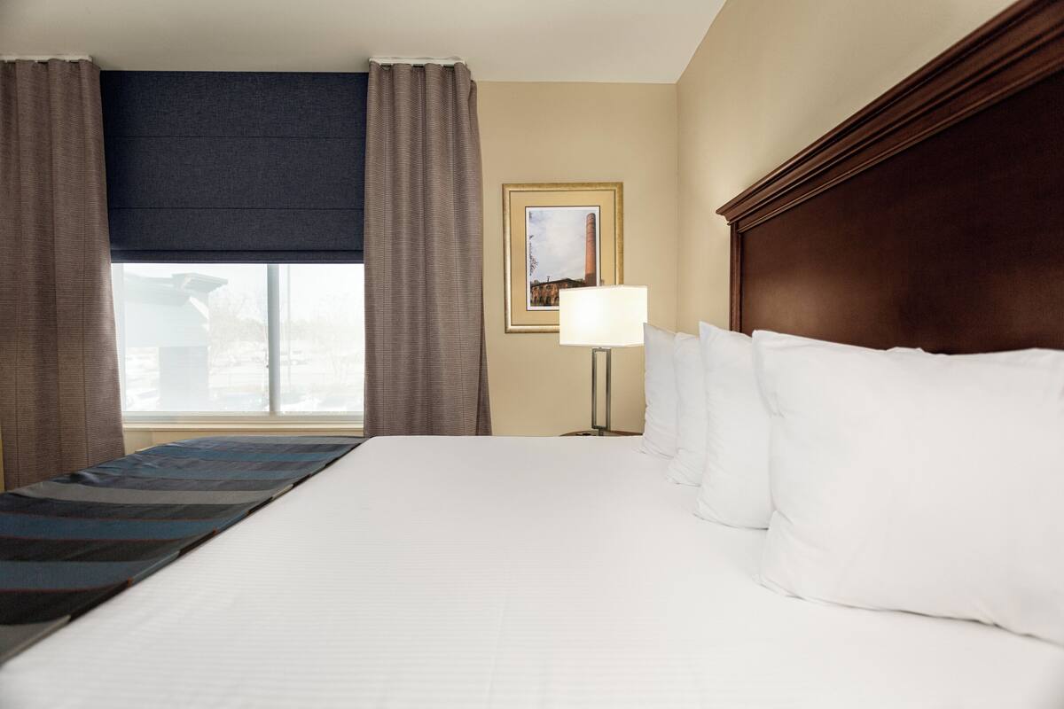 Une chambre d’hôtel avec un grand lit, une table de chevet avec une lampe, une fenêtre avec des rideaux et un tableau encadré au mur.