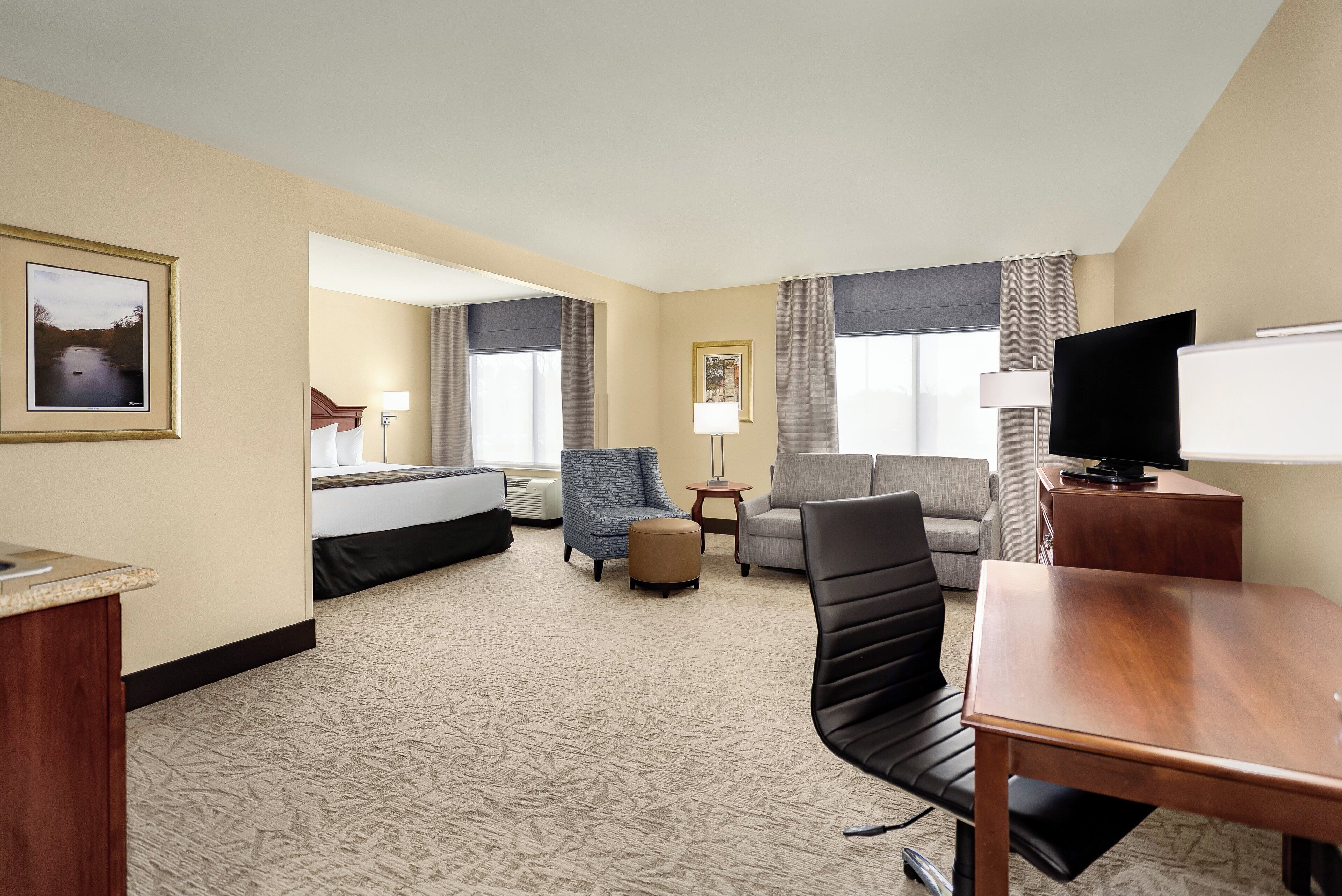 A hotel room with a bed, a desk, a chair, a sofa, a small table, and a television.