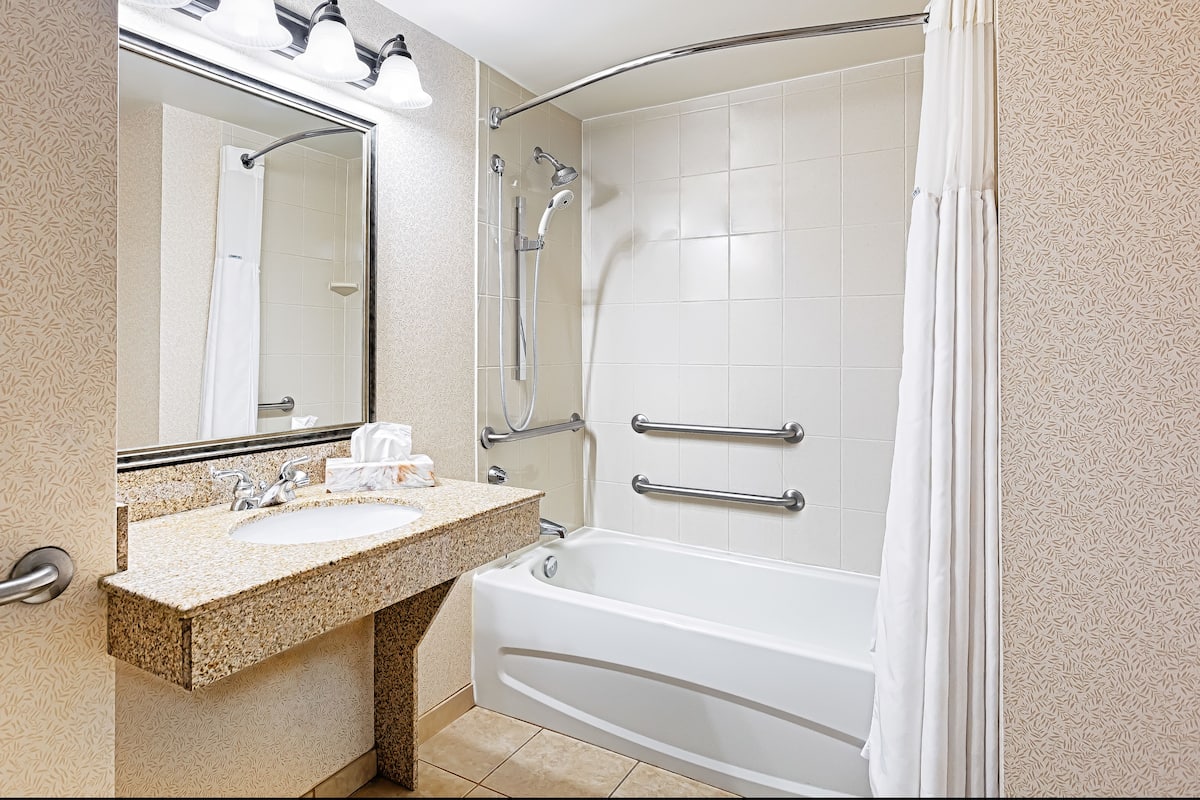 combined shower/bathtub, designer toiletries, hair dryer, towels