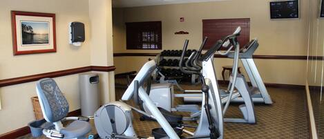A gym with various exercise machines, a wall-mounted TV, and a framed picture.