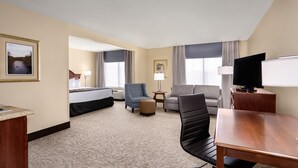 Una habitación de hotel con cama, escritorio, silla, sofá y televisión.