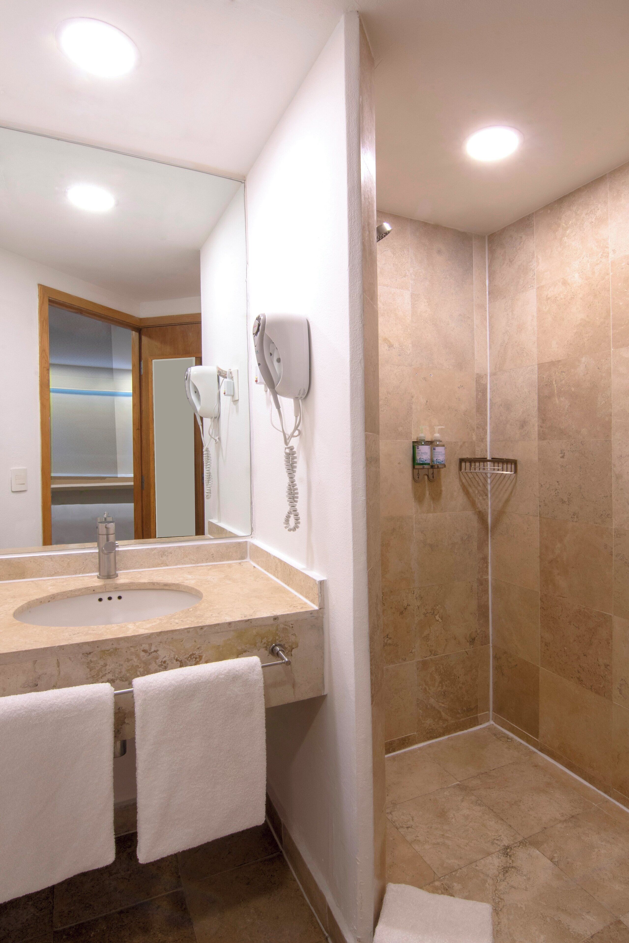 shower, eco-friendly toiletries, hair dryer, towels